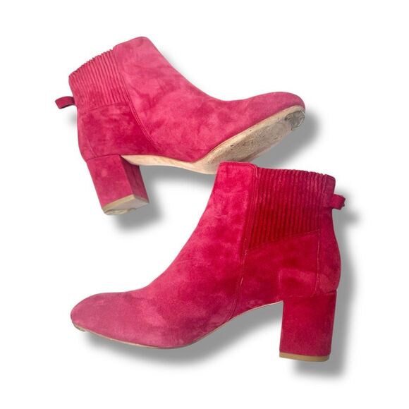 Kate Spade Lorene Light Ruby Red Suede Block Heel Ankle Boots Bow Gold Logo 7.5M - Picture 6 of 9